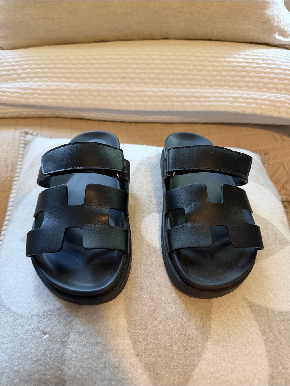 Hermes Black Chypre Leather Sandals